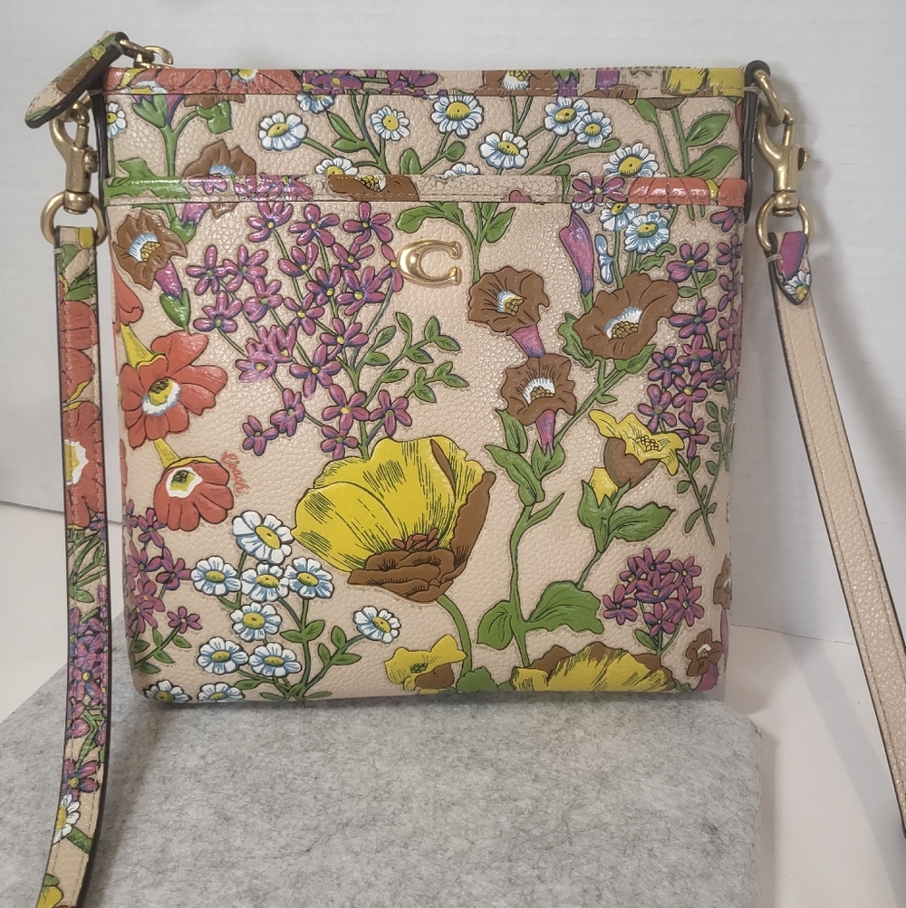 Coach Floral Leather Crossbody in Cream with Yellow, Pink & Green Accents - Picture 10 of 10